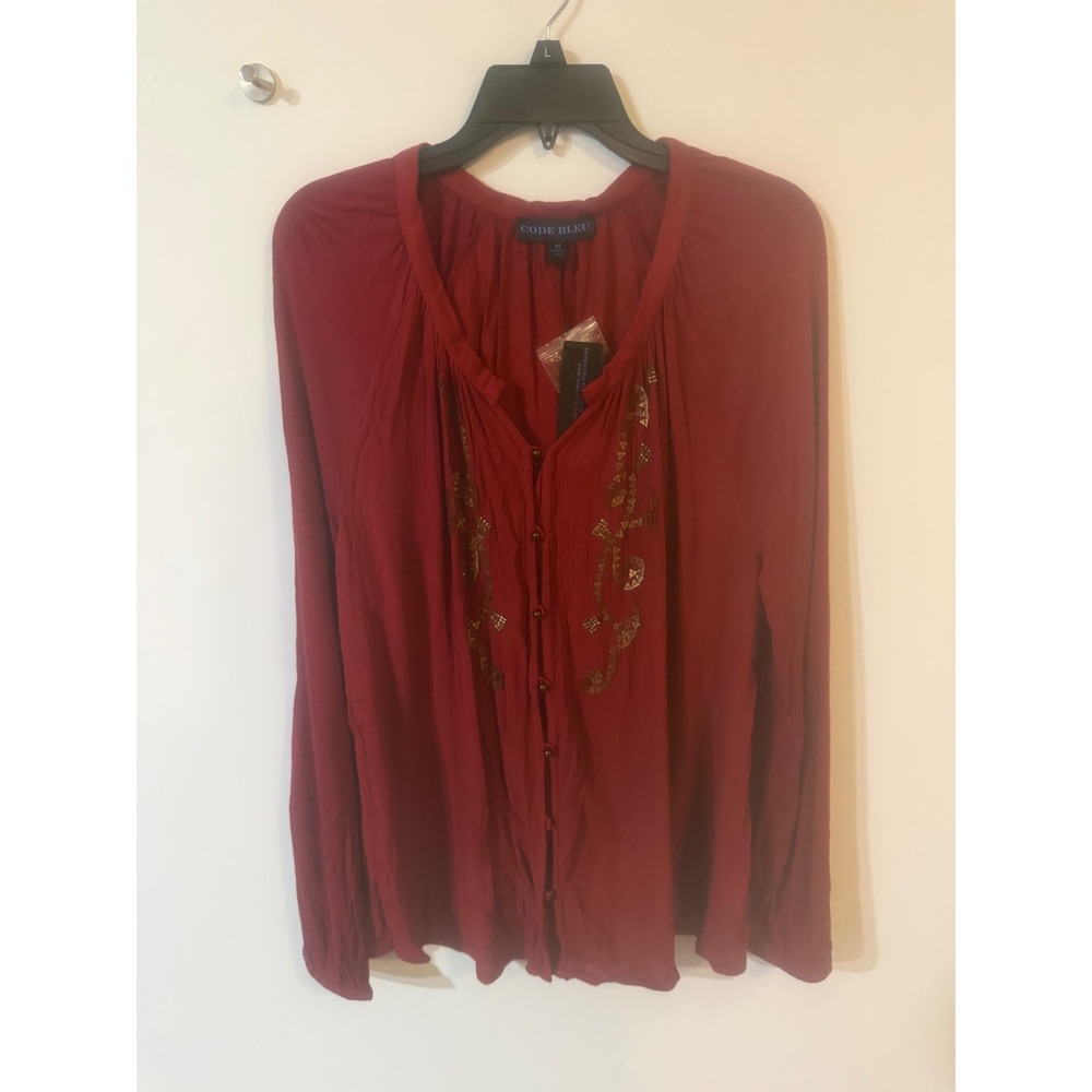 Code Bleu Womens Red Embroidered Button Front Blouse Long Sleeve Top Size M NWT